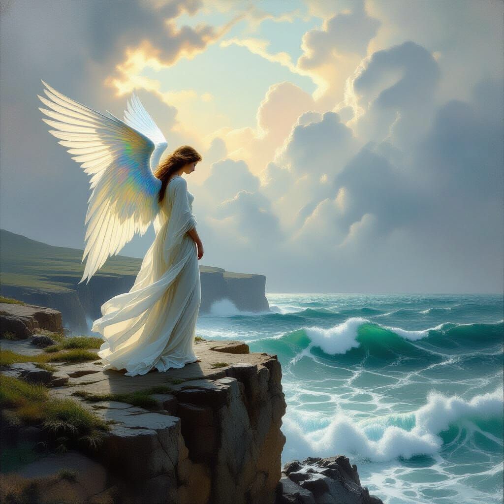 Solitary Angel on Cliff Overlooking Stormy Sea