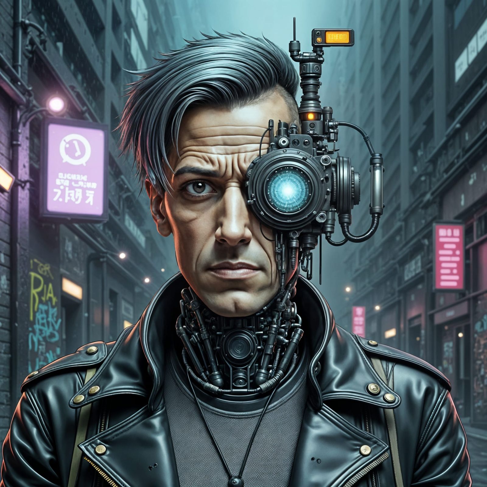 Cyborg Warrior in Gritty Cyberpunk Alley