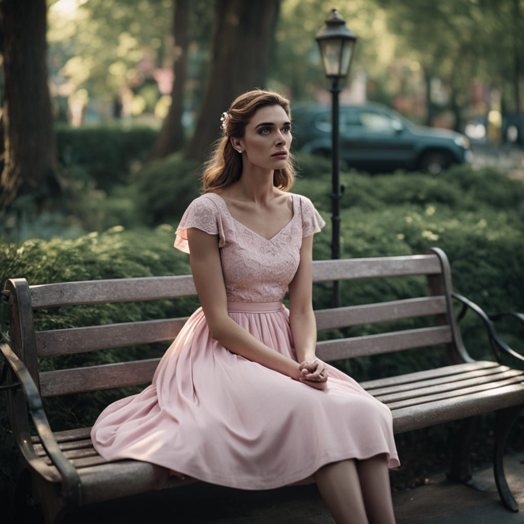Cinematic Film Still of Woman in Pink Dress on Forest Bench