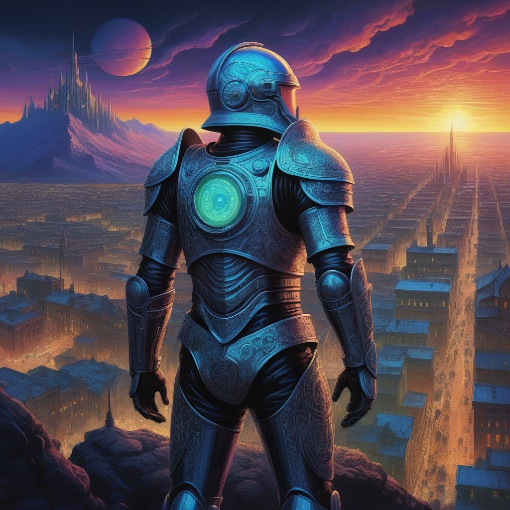 Futuristic Knight in Neon City, Surreal Artistic Blend