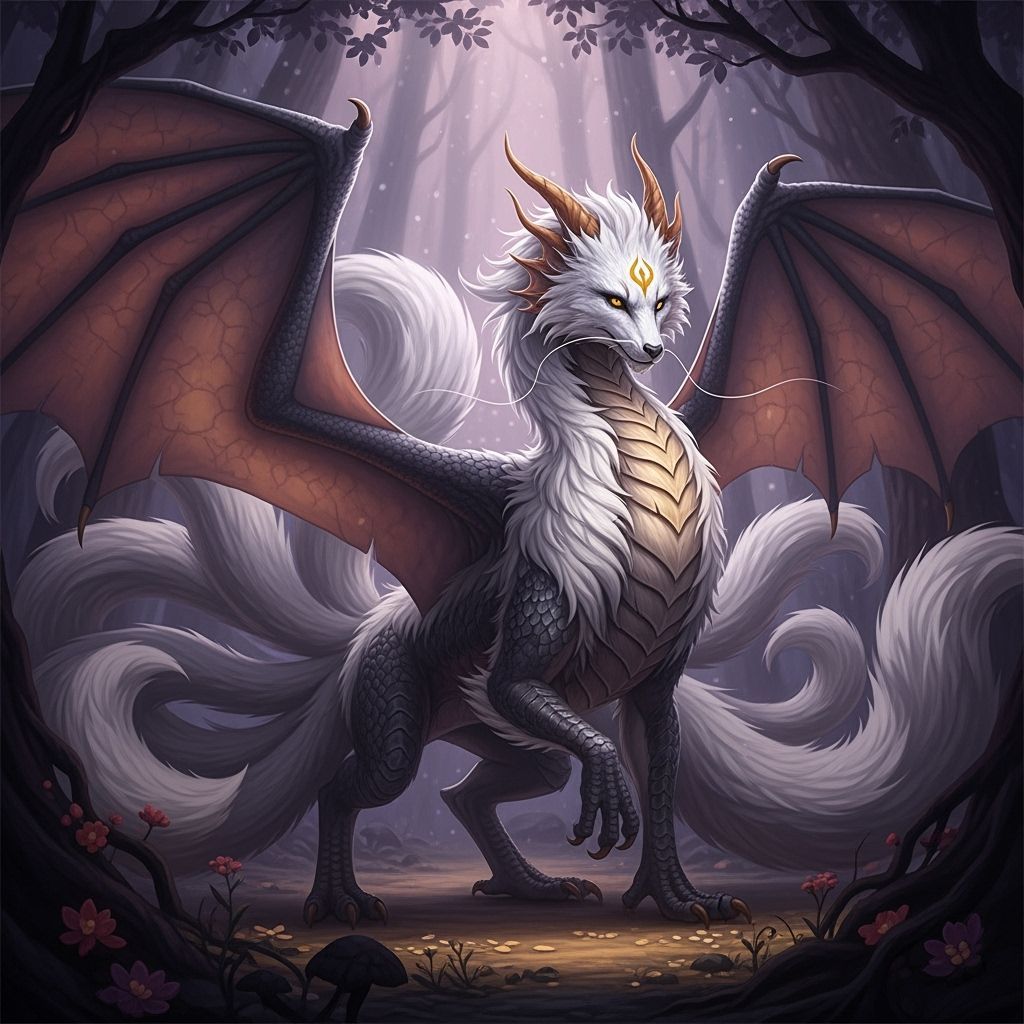 Majestic Dragon-Fox Hybrid in Mystical Forest