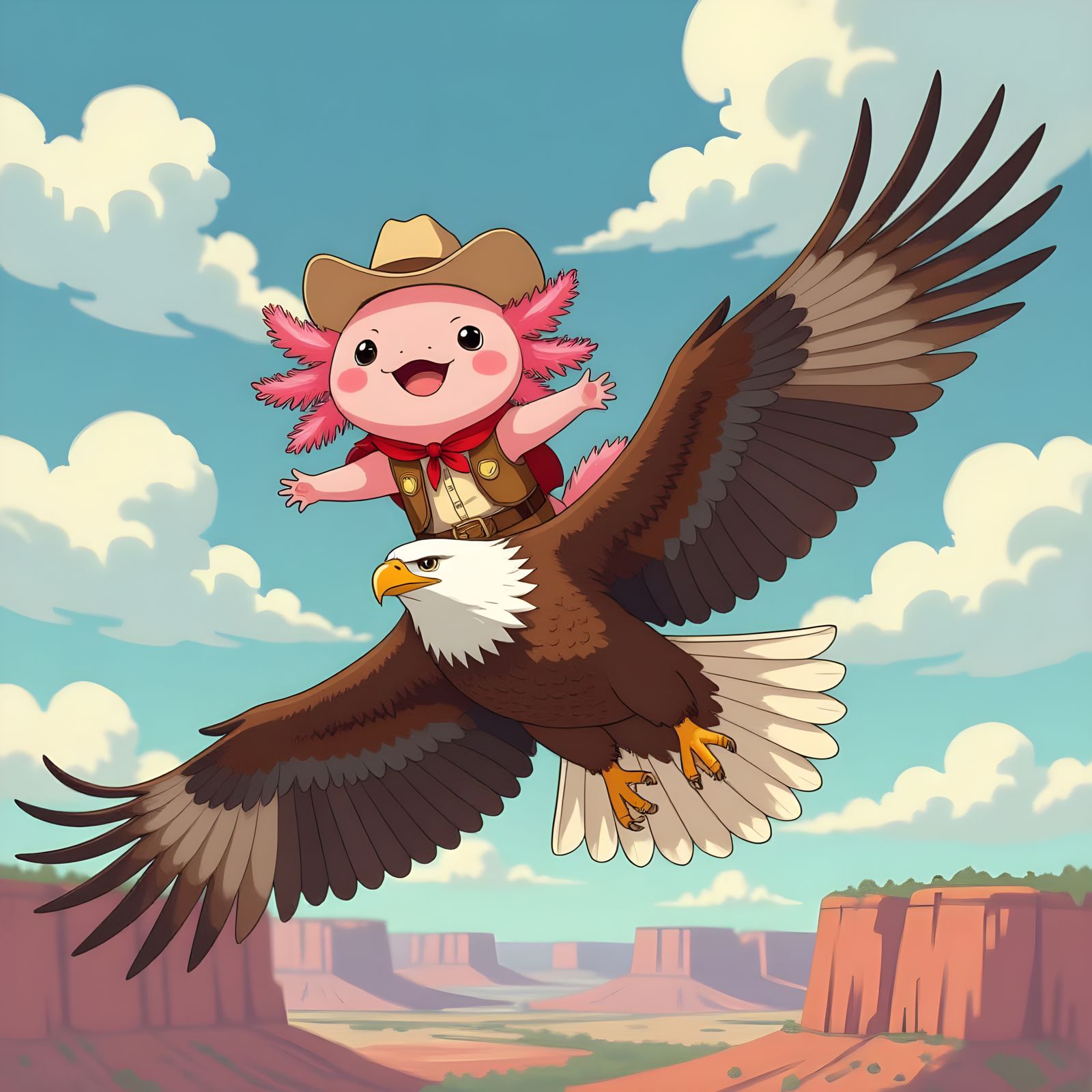Cowboy Axolotl Rides Eagle in Ghibli Anime Style