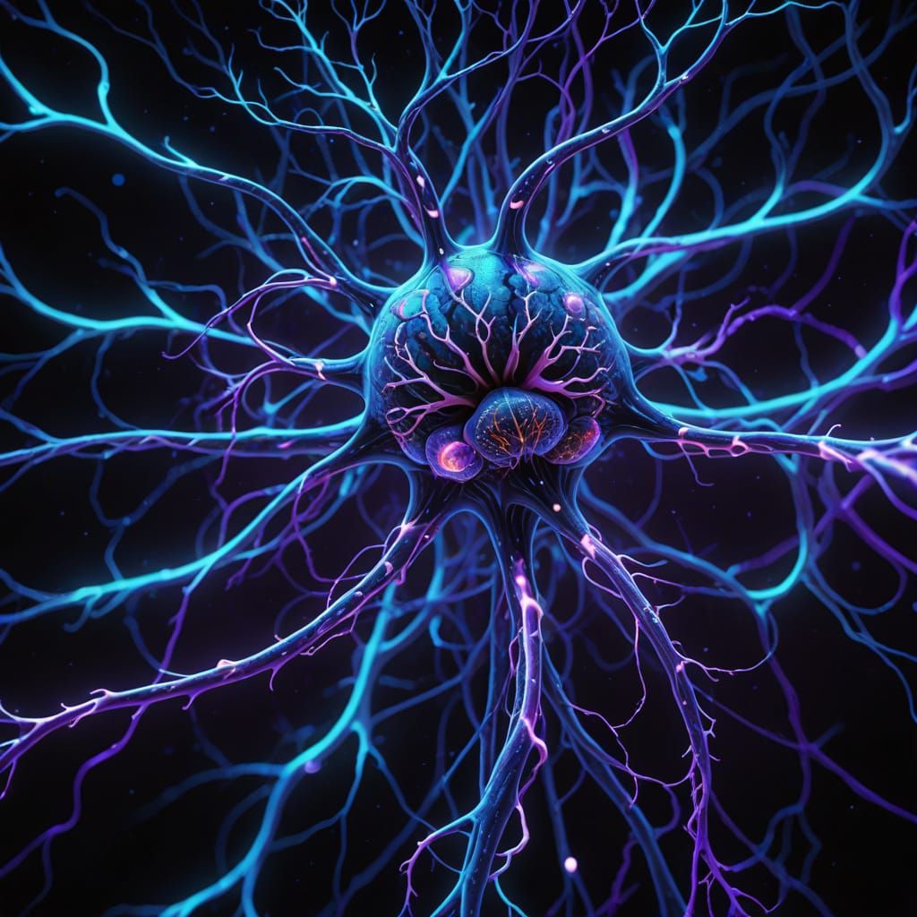 Neurons in a Dark Brain, Glowing in Bioluminescent Art