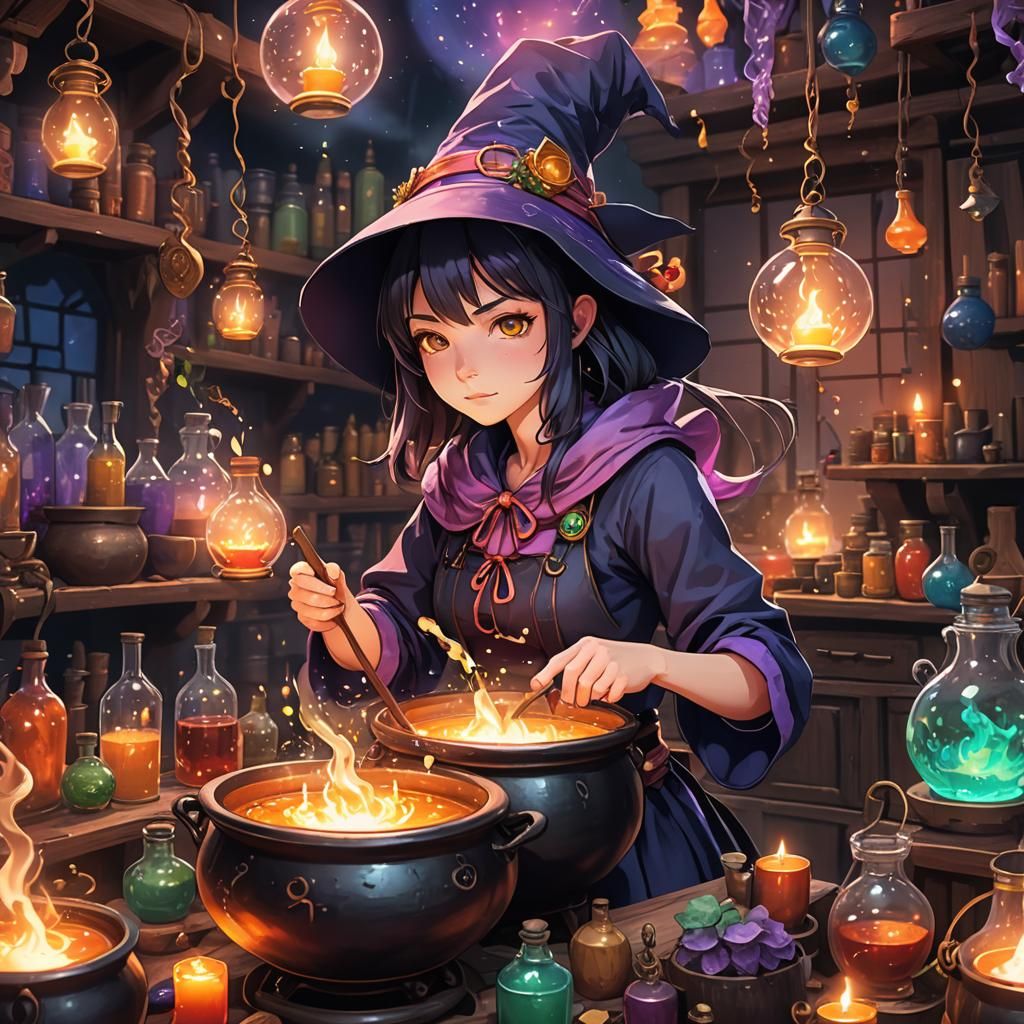 Anime Witch Brewing Potion in Mystical Laboratory