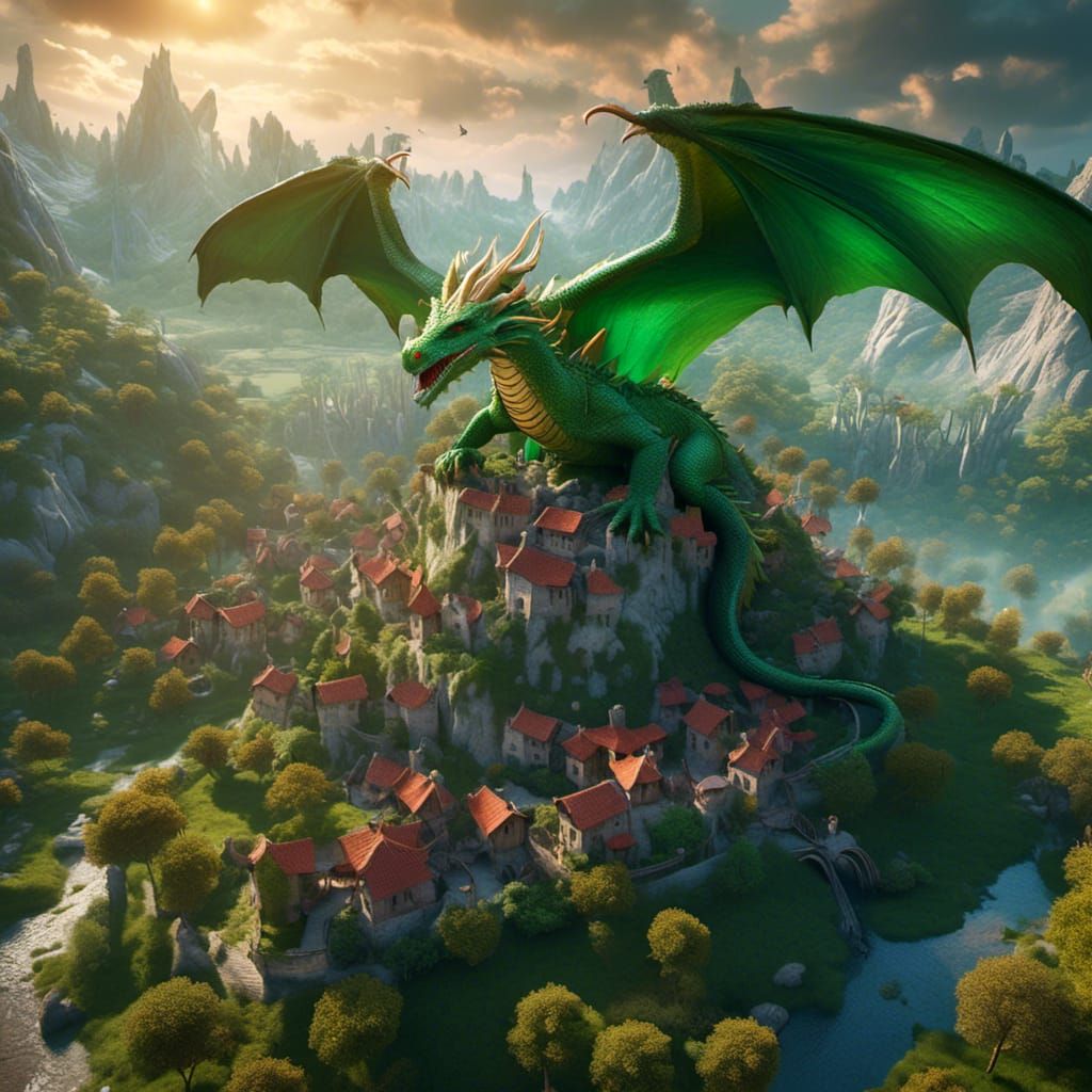 Green Dragon Over Elven Village Art