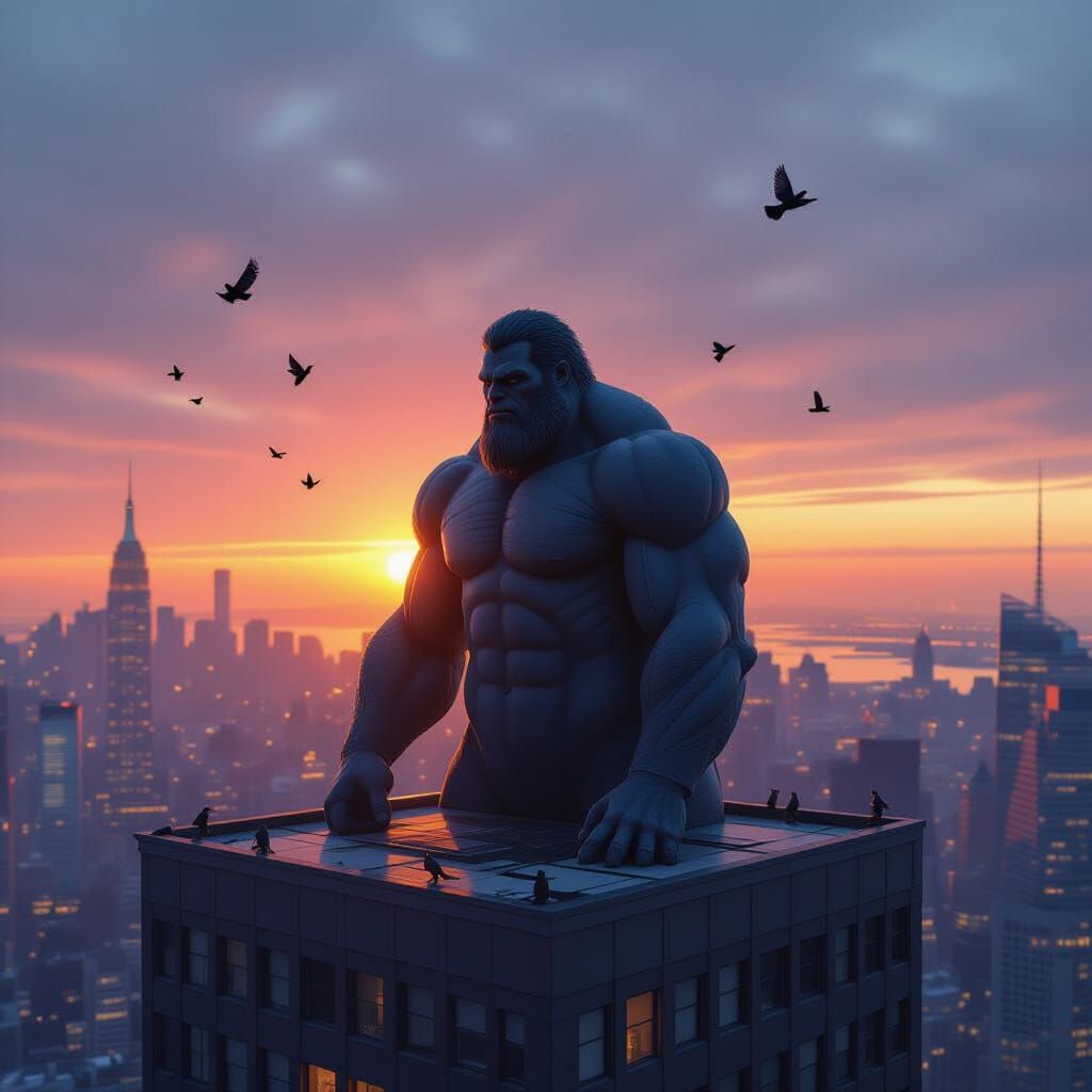 Giant Awakens on NYC Skyscraper at Dawn