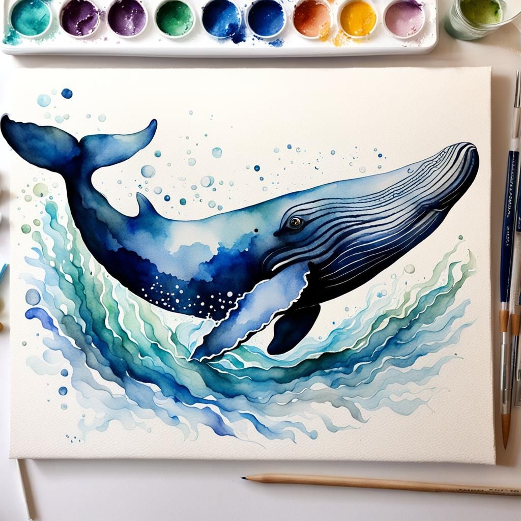 Watercolor Whale with Waves and Artistic Flair