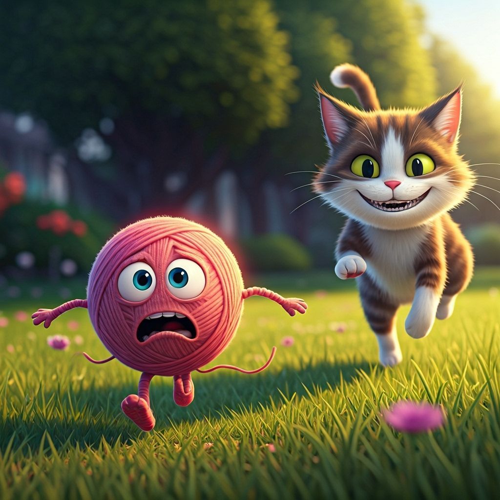 Pixar Style Yarn Ball Flees Grinning Cat in Yard