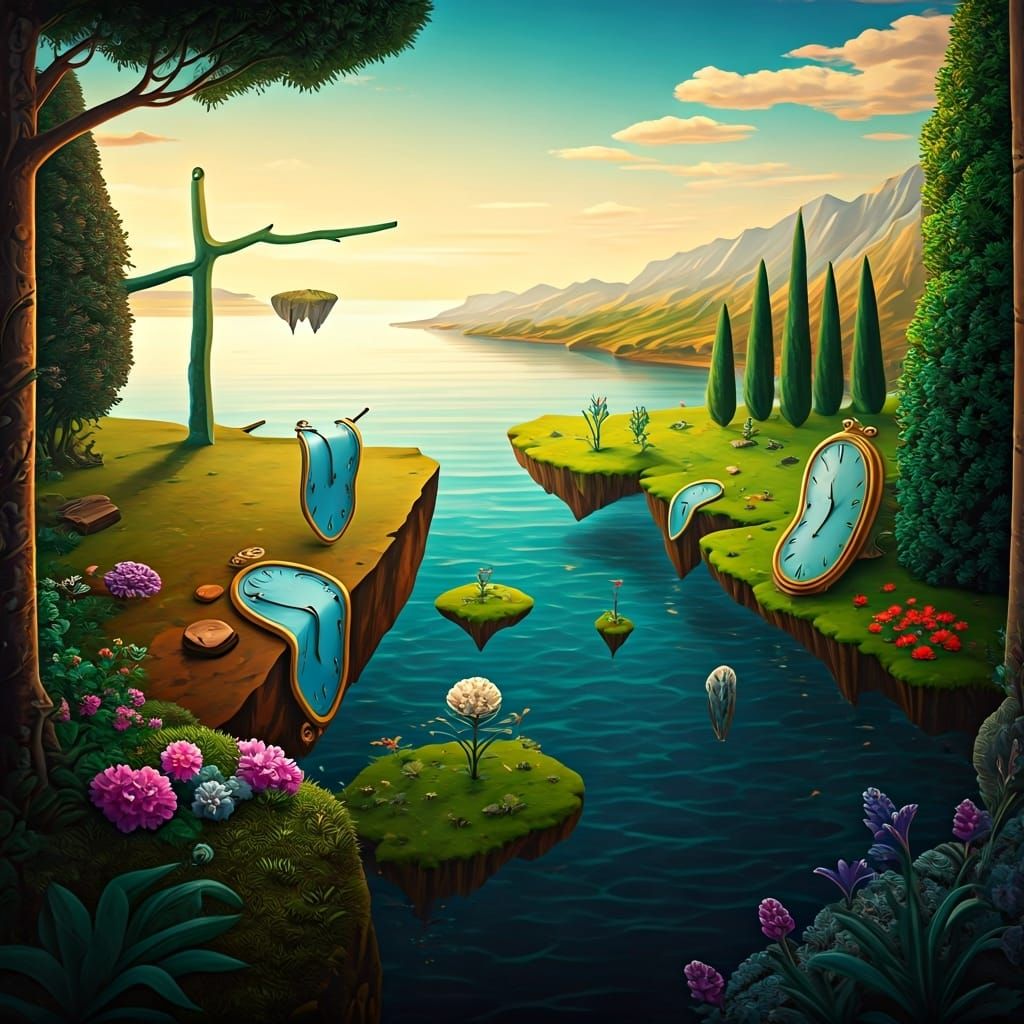 Surreal Bird's-Eye Garden with Melting Clocks