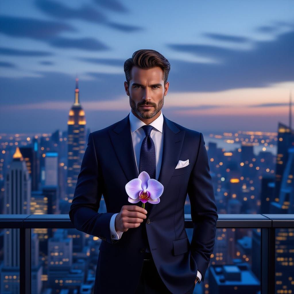 Businessman with Rare Orchid Overlooking City Dusk