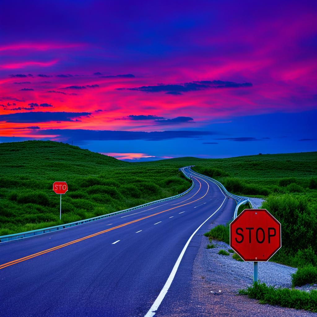 Sunset Highway to Nowhere with Stop Sign