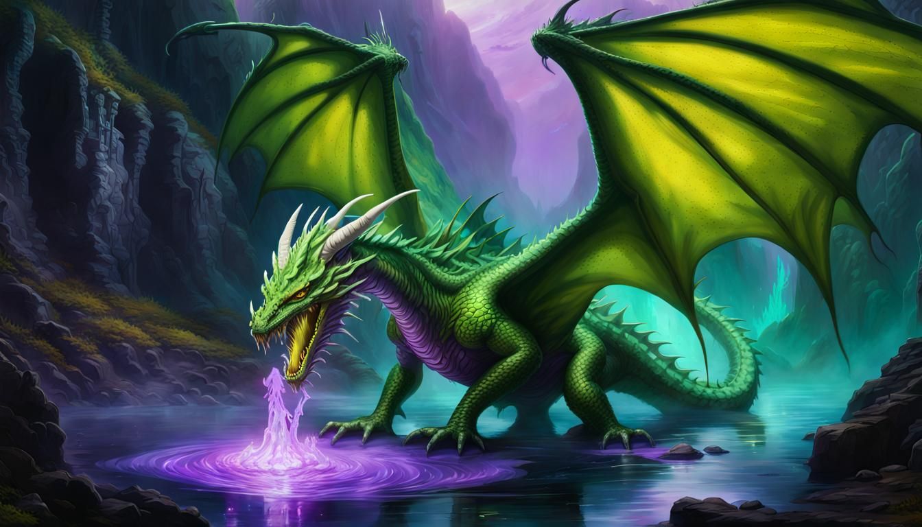 Menacing Acid Dragon Emerging from Bioluminescent Pool