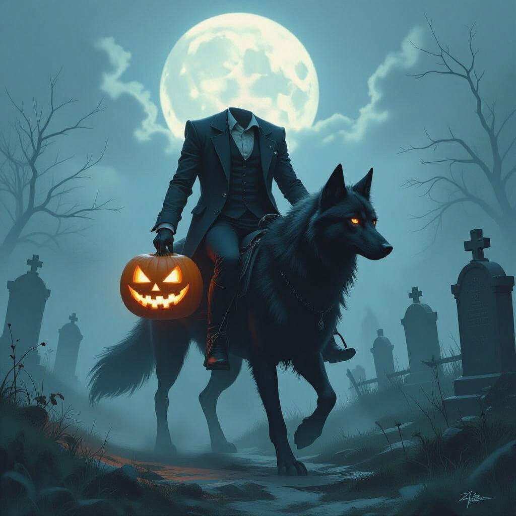 Headless Rider with Jack o Lantern on Wolf Hound
