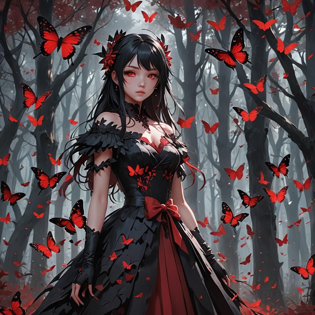 Anime Girl in Crimson Gown Among Butterflies