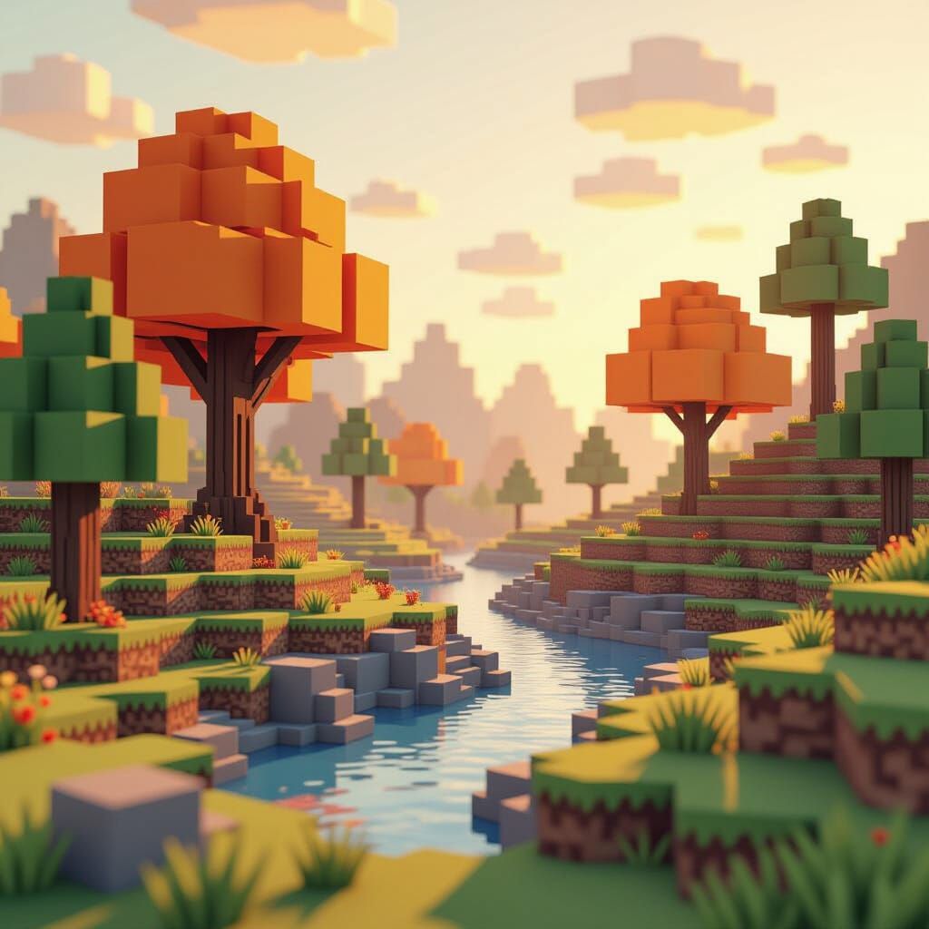 Pixelated Minecraft Landscape in 8-bit Style