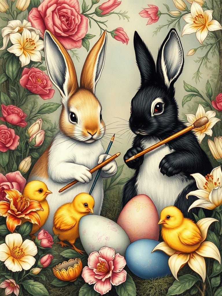 Bunnies and Chicks Painting Easter Eggs: Vintage Charcoal Dr...