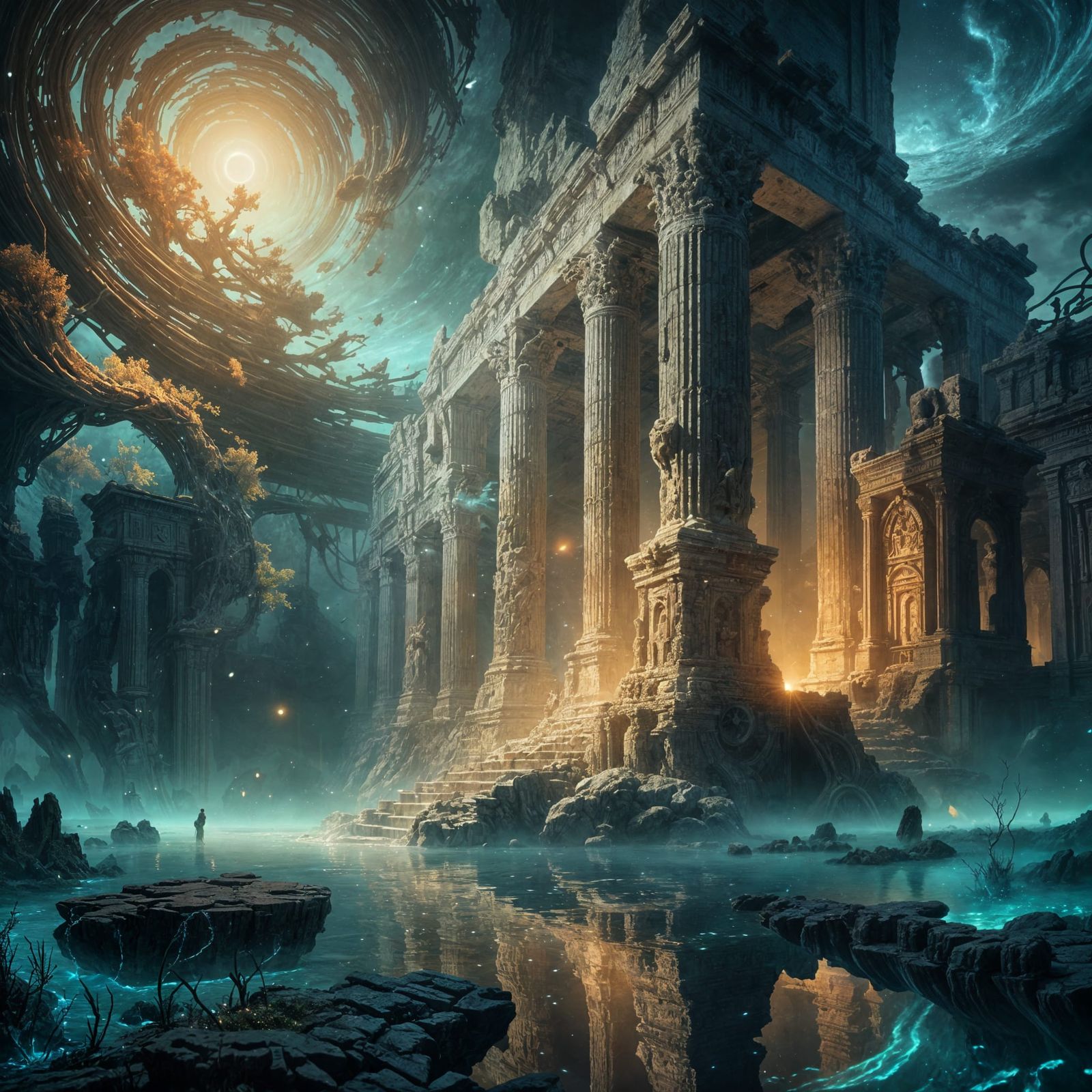 Ancient Ruins in Cosmic Ocean, Bioluminescent Flora