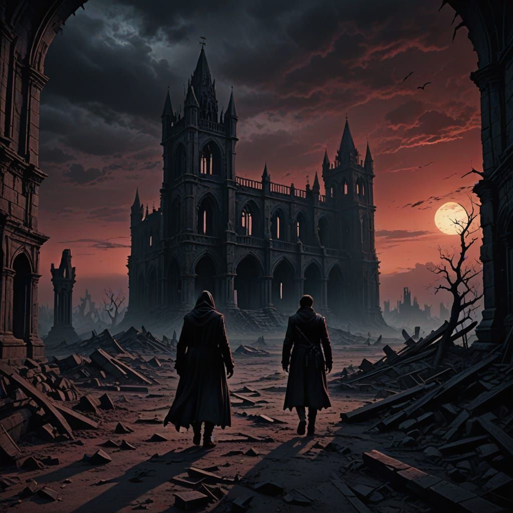 Lone Figure in Desolate Gothic Ruins Under Twilight Sky