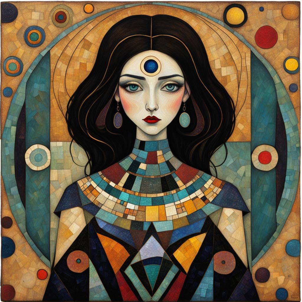 Geometric Mosaic Girl in Art Brut Style