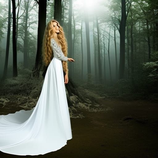 Woman in Enchanted Forest, Mystical Painting
