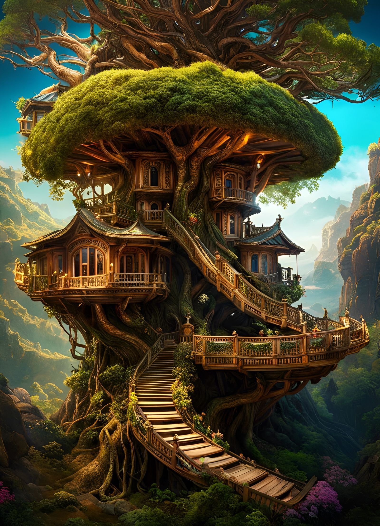 Intricate Fairy Treehouse Bonsai: Fantasycore Art