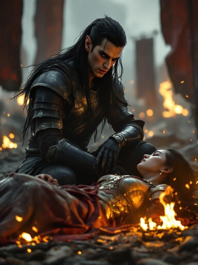 Elf Mourns Fallen Warrior on Battlefield