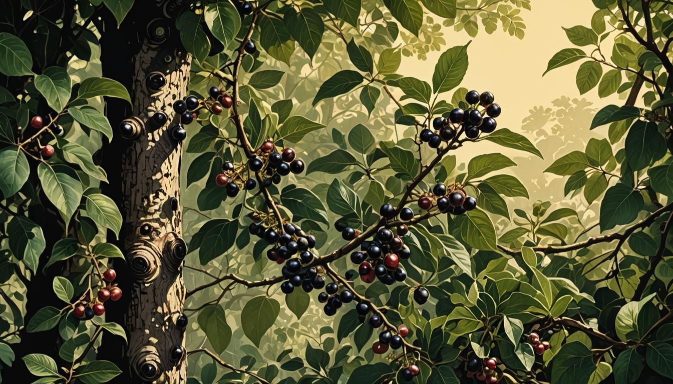Botanical Illustration of Jaboticaba Fruit on Tree
