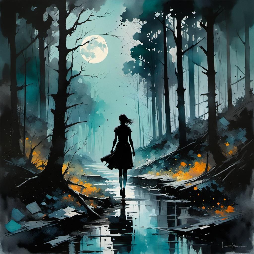 Eerie Silhouette: Girl in Gloomy Forest