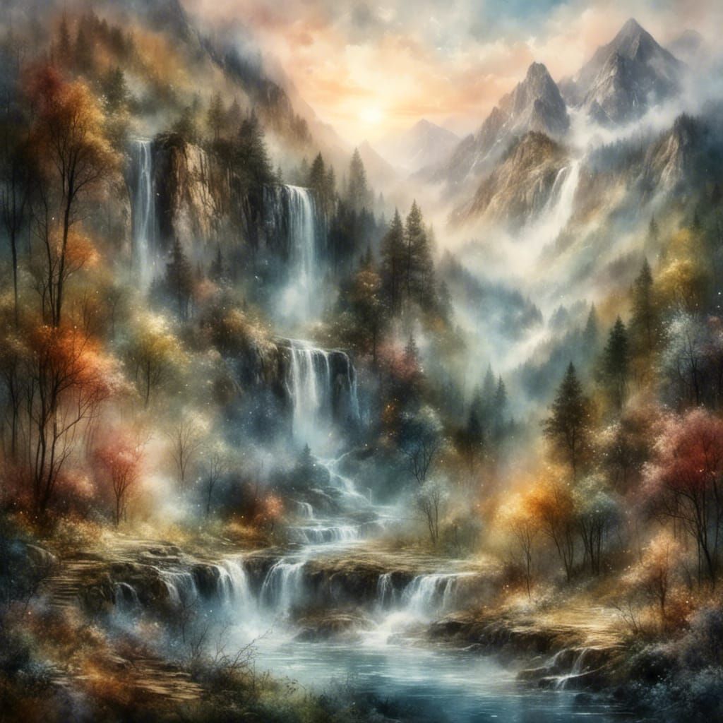 a mountain side near a waterfall scape