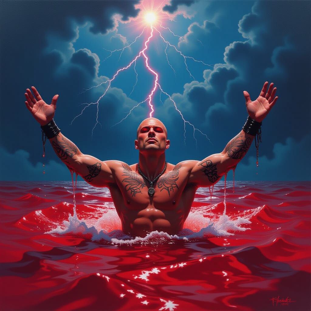 Muscular Man in Red Water Under Lightning Storm Painting