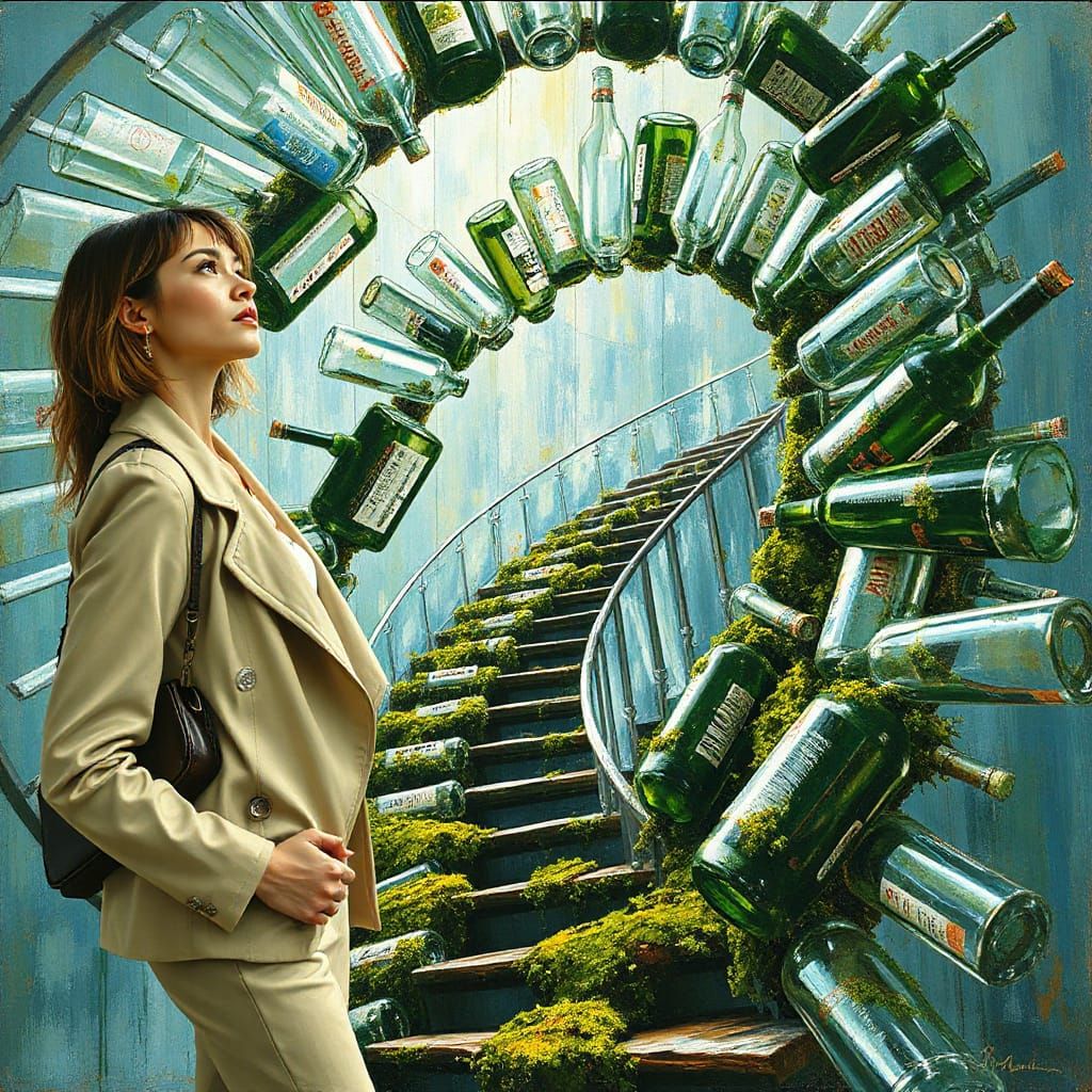 Chic Woman Gazing at Futuristic Glass Staircase as Impasto P...
