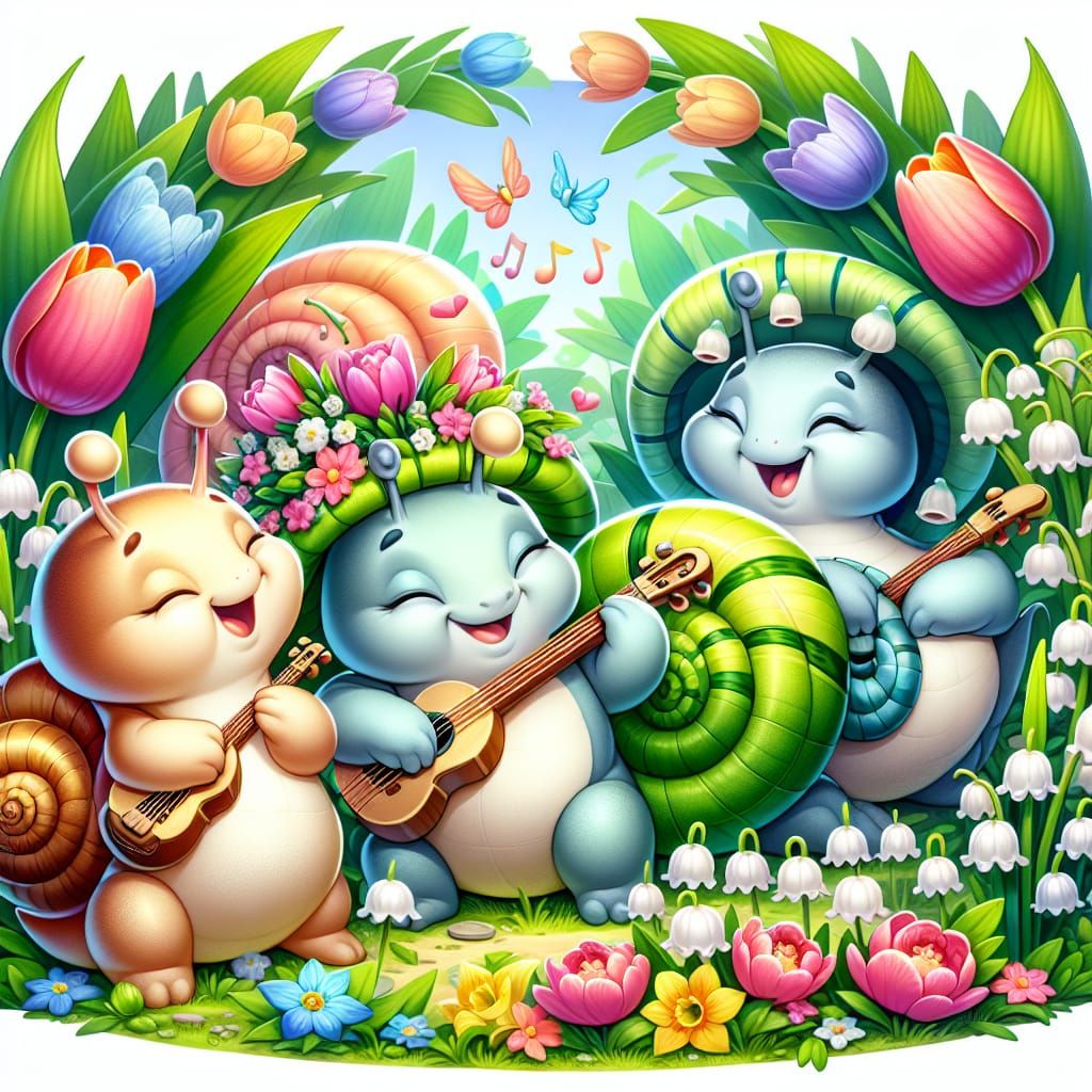 Whimsical Snail Rockstars in a Floral Paradise