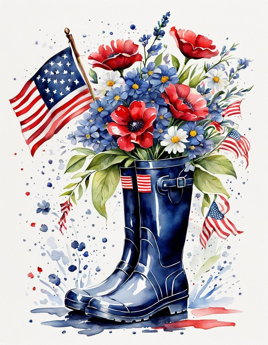 Vibrant American Watercolor: Red, White, and Blue Rainboots ...