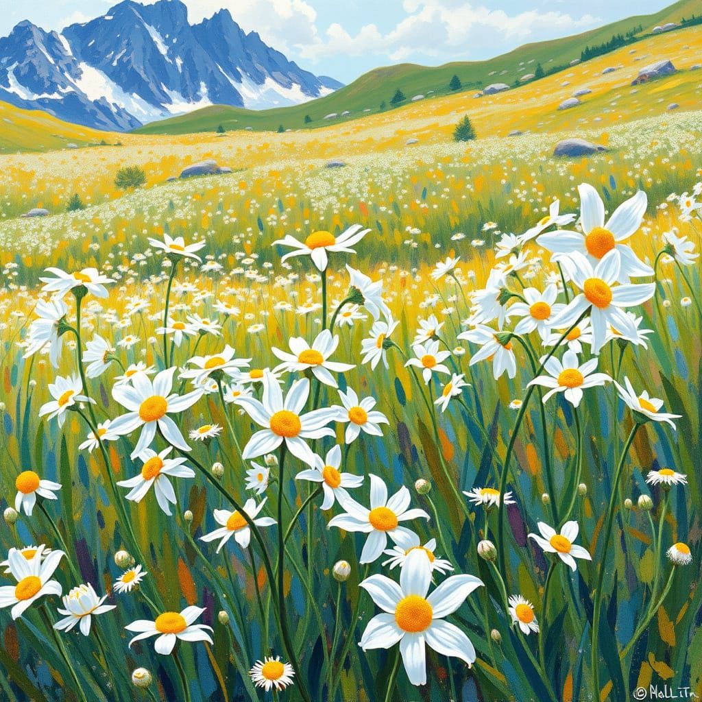 Vibrant Alpine Edelweiss Meadow in Textured Impressionist St...