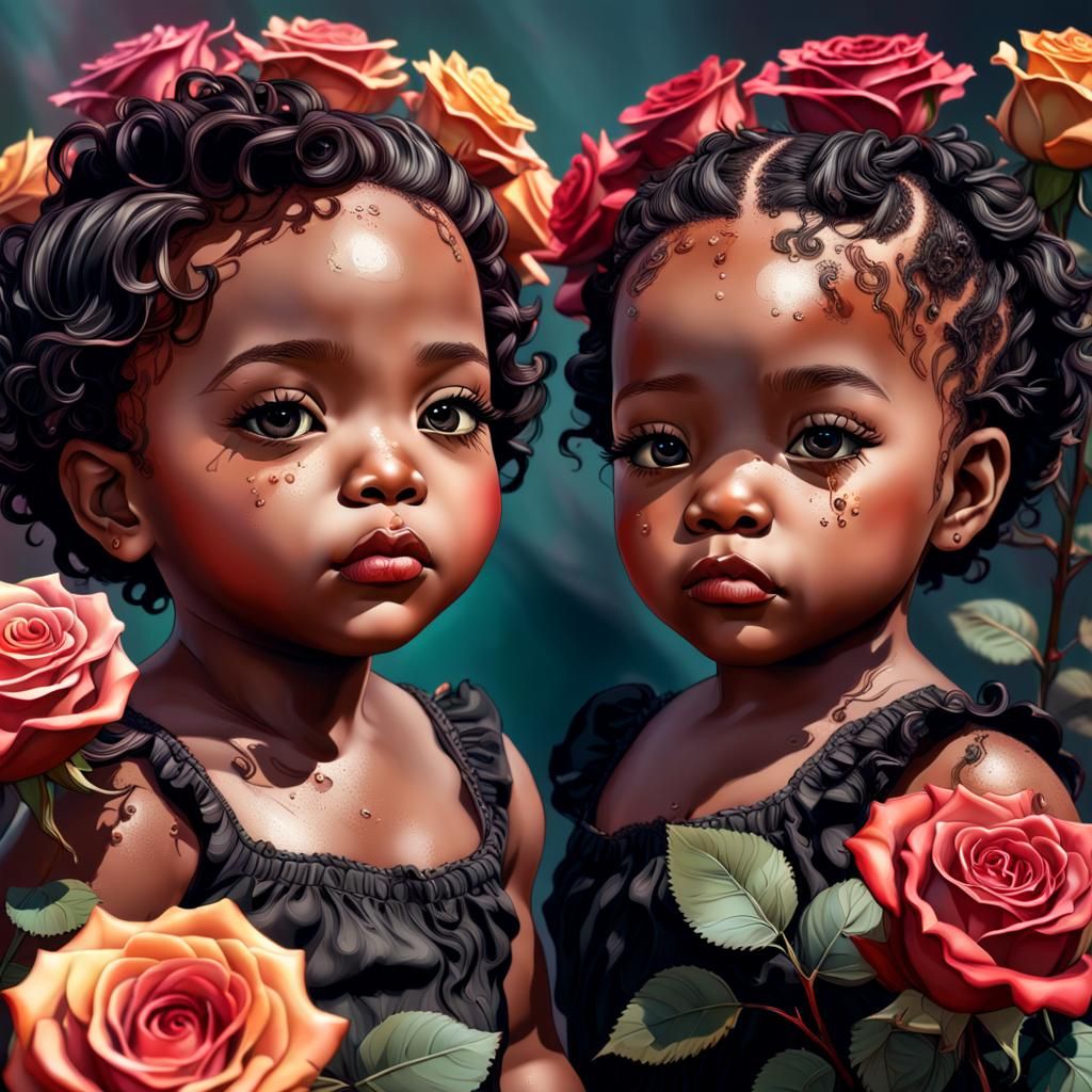 Beautiful Black Toddlers with Roses in Hyperrealism