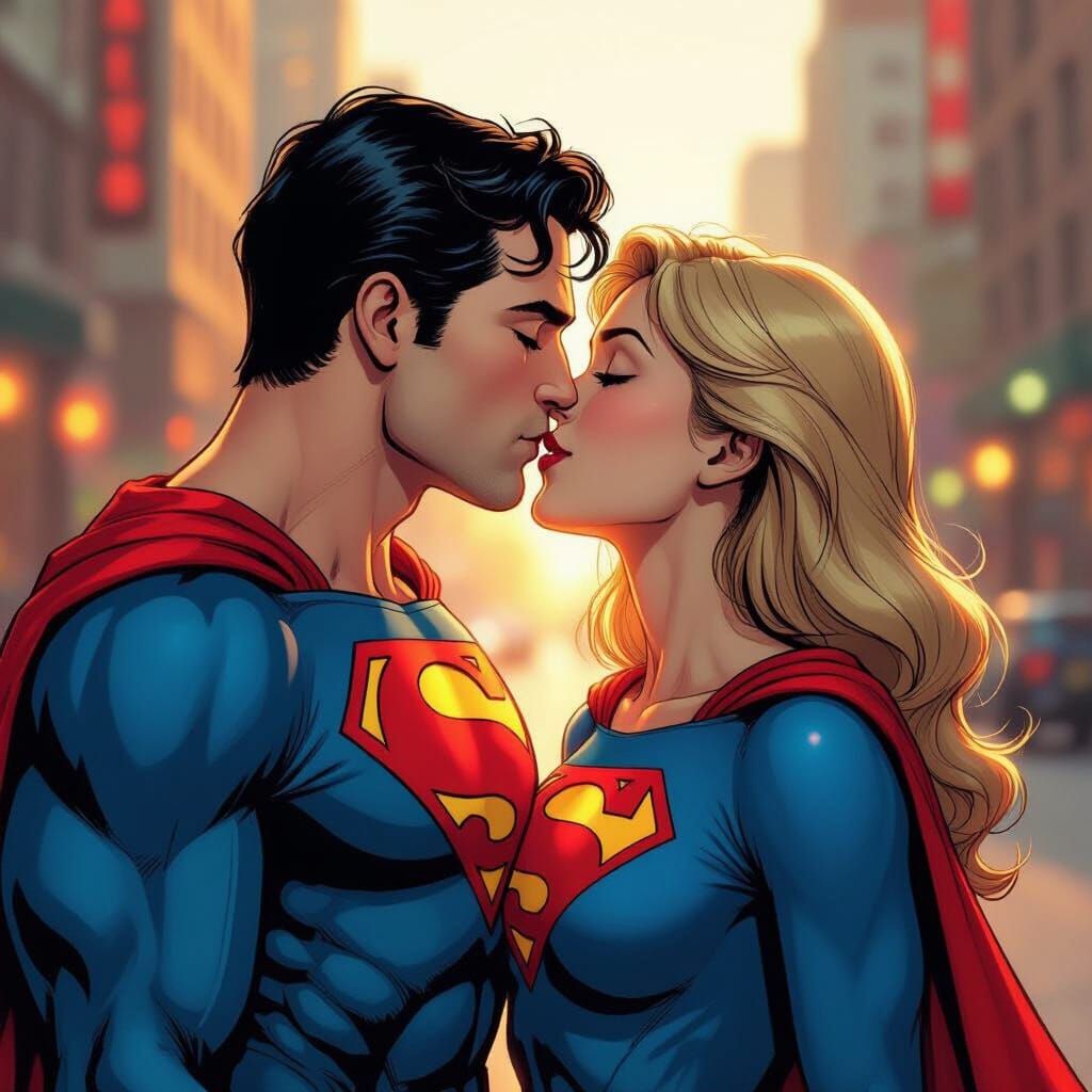 Superman and Supergirl Kiss in Golden Hour Metropolis