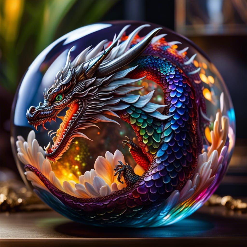 Hyperrealistic Iridescent Dragon in Glass Sphere