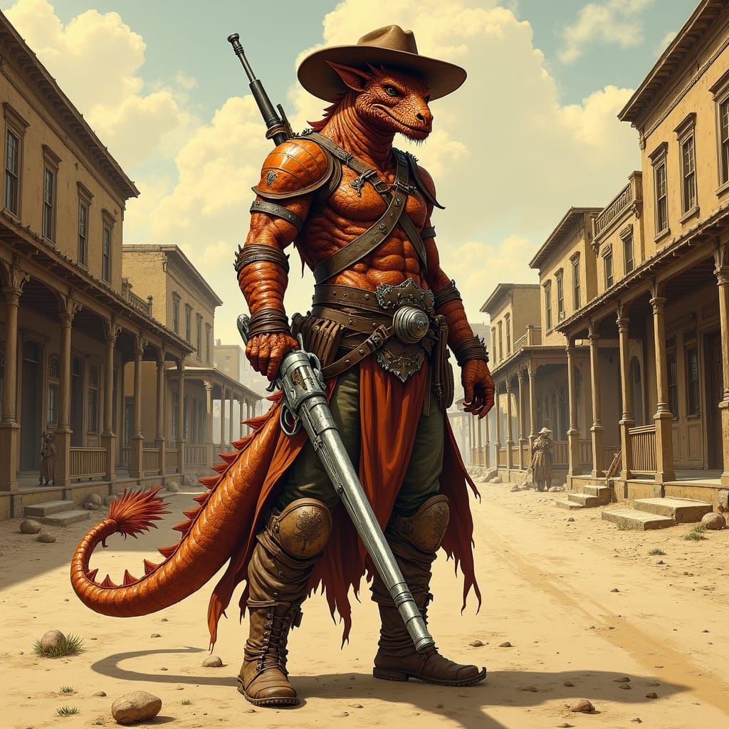 Dragonborn Gunslinger in Sun-Scorched Western Town