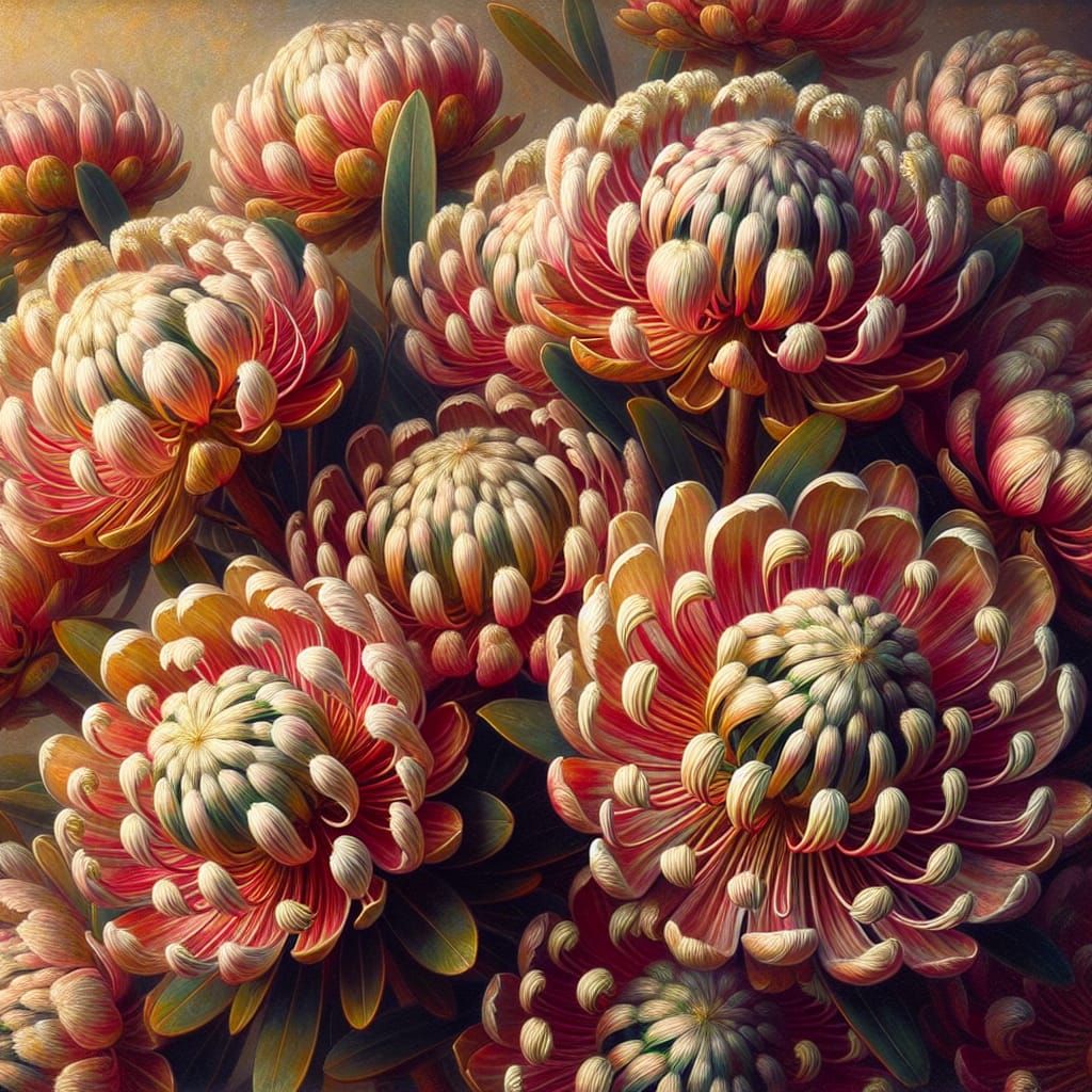 Hakea 'Burrendong Beauty' Flowers as Ornate Oil Painting