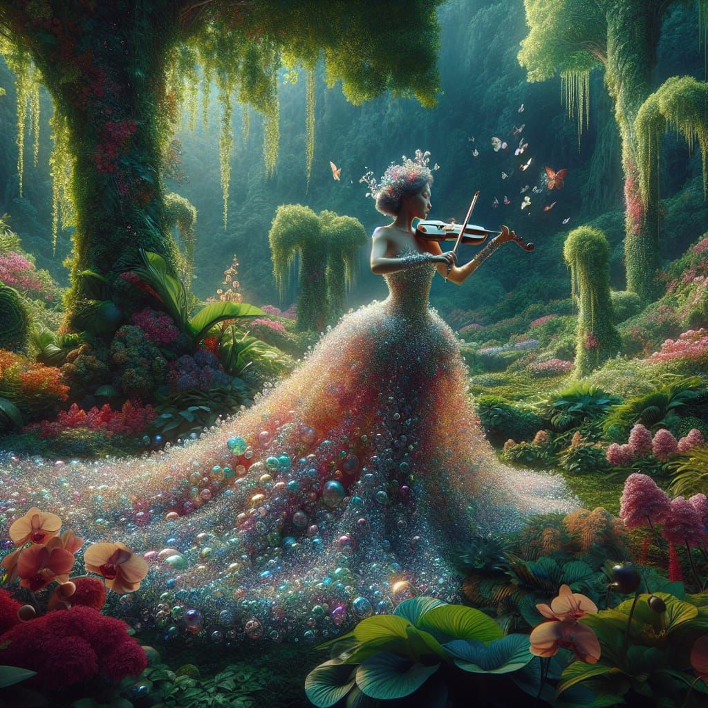 Bubble Gown Violinist in Lush Garden, Matte Painting