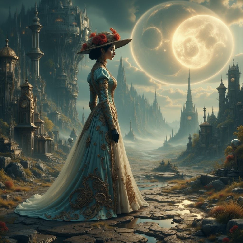 Steampunk Figure in Post-Apocalyptic Art Nouveau Landscape