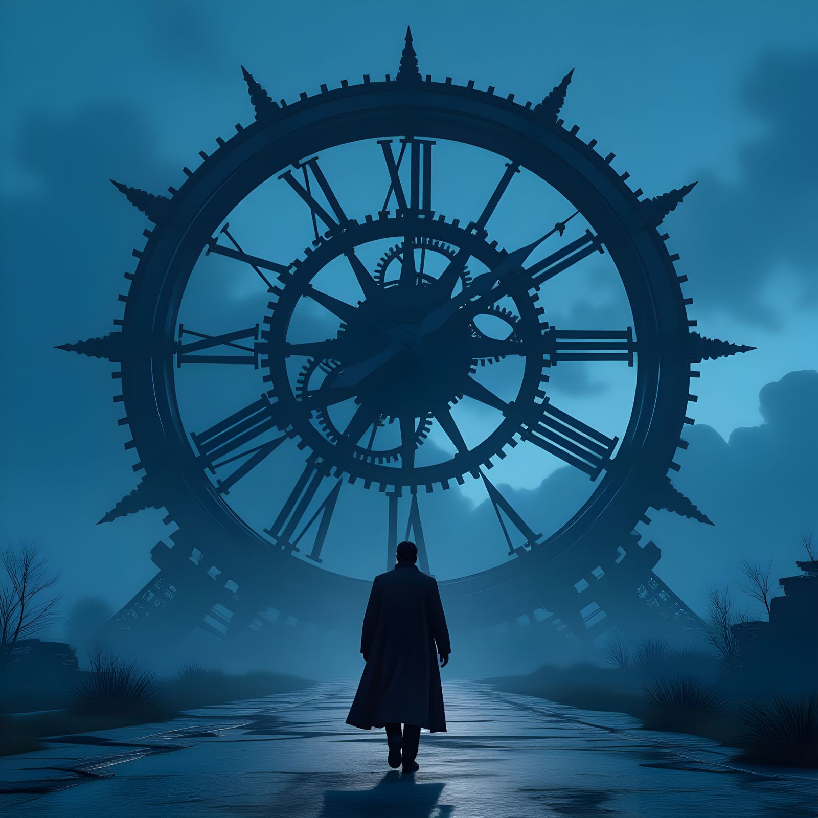 Man Walks Towards Spiral Clock, 3D Render