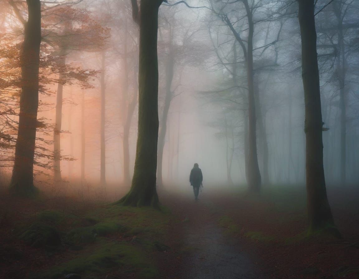 Ethereal Foggy Forest Scene with Glowing Mist