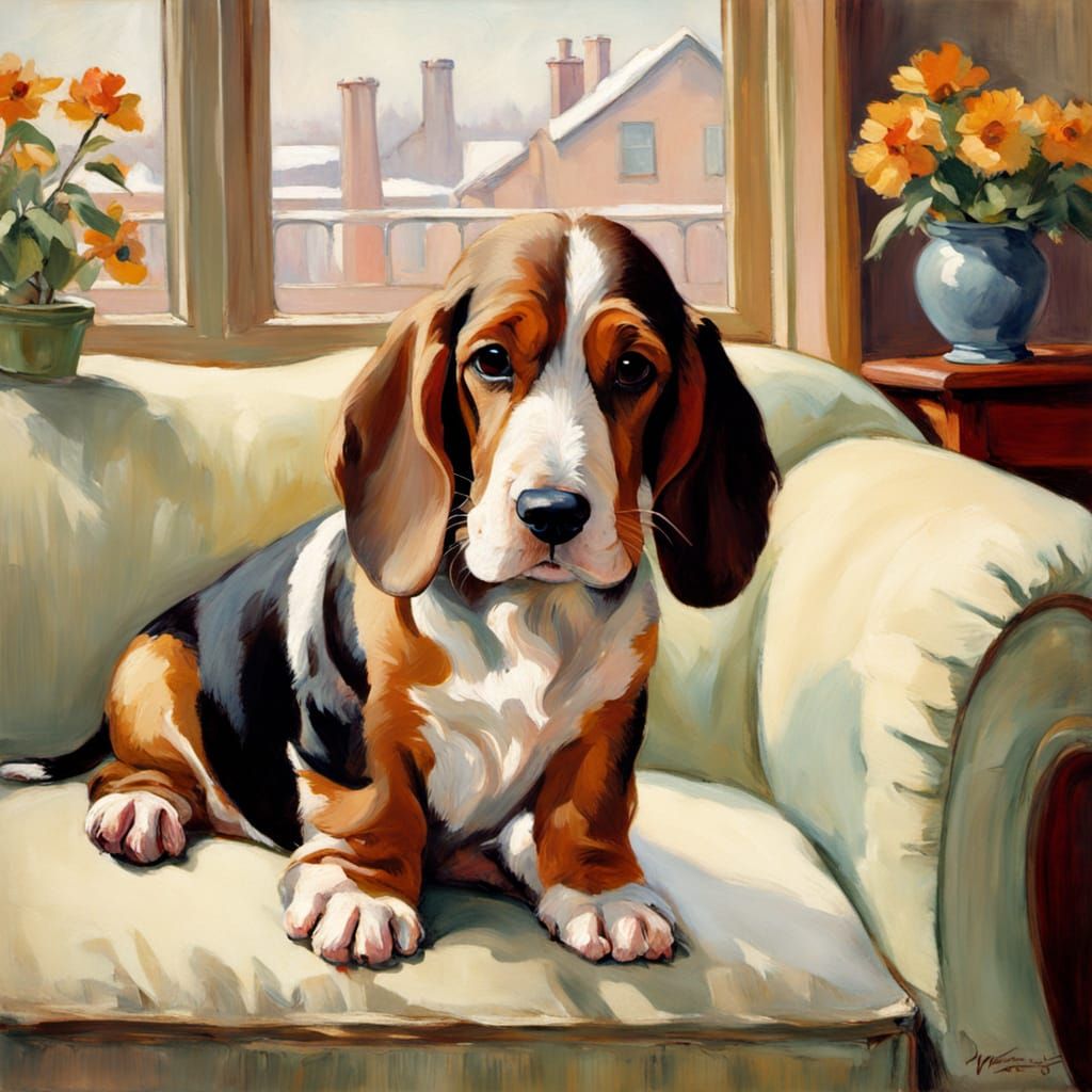 Basset Hound Puppy Napping on Antique Furniture in Cozy Room