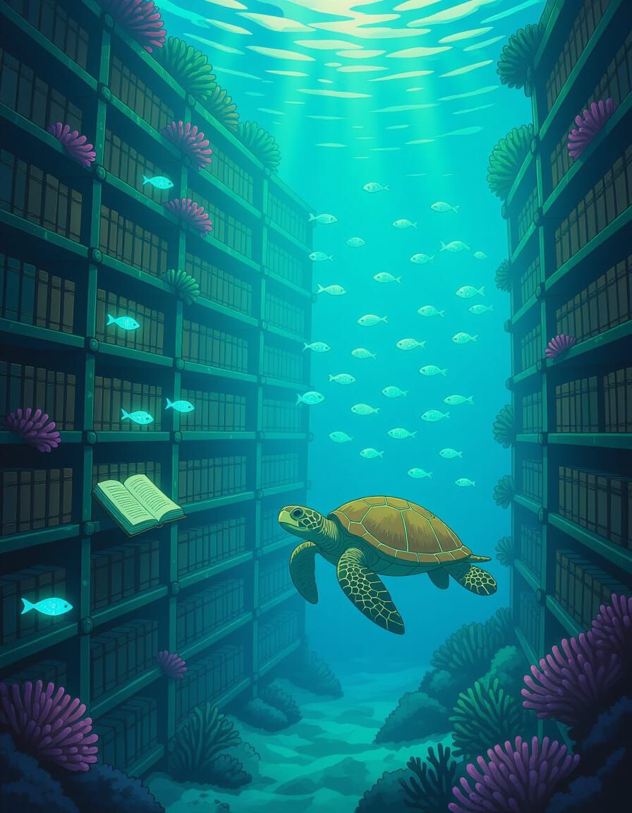 Underwater Coral Library with Glowing Fish and Sea Turtle