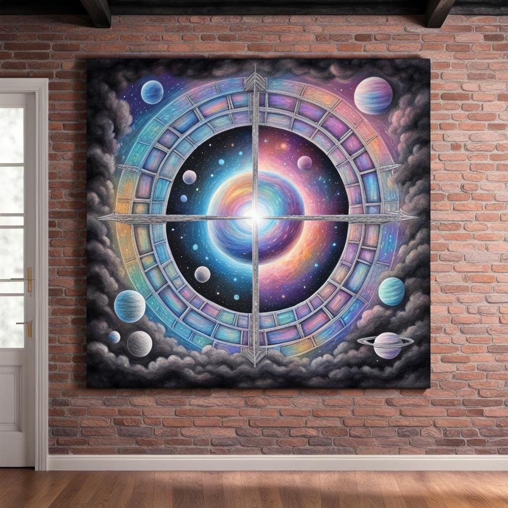 Cosmic Chalk Art on Brick Wall in Pastel Palette
