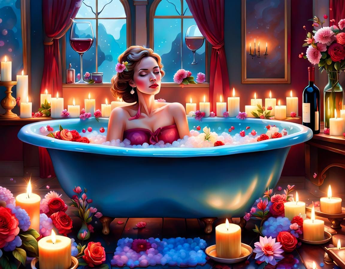 Woman in Candlelit Bath, Impressionist Painting