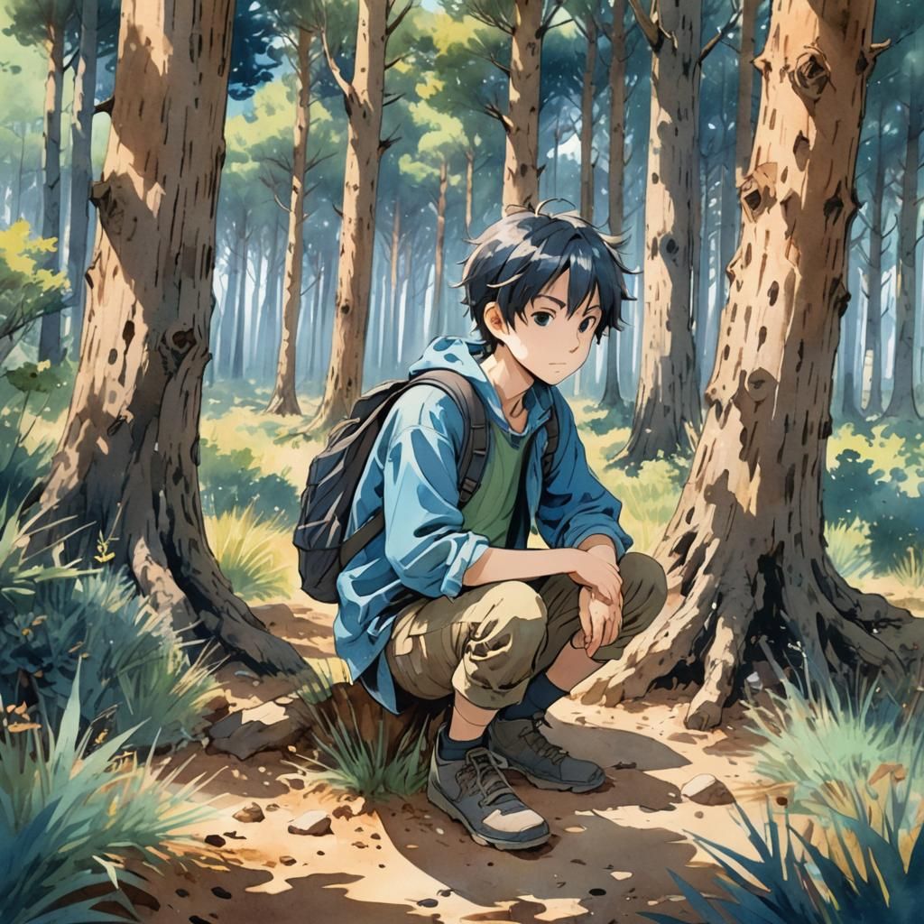 Watercolor Anime Adventurer in Provence Forest