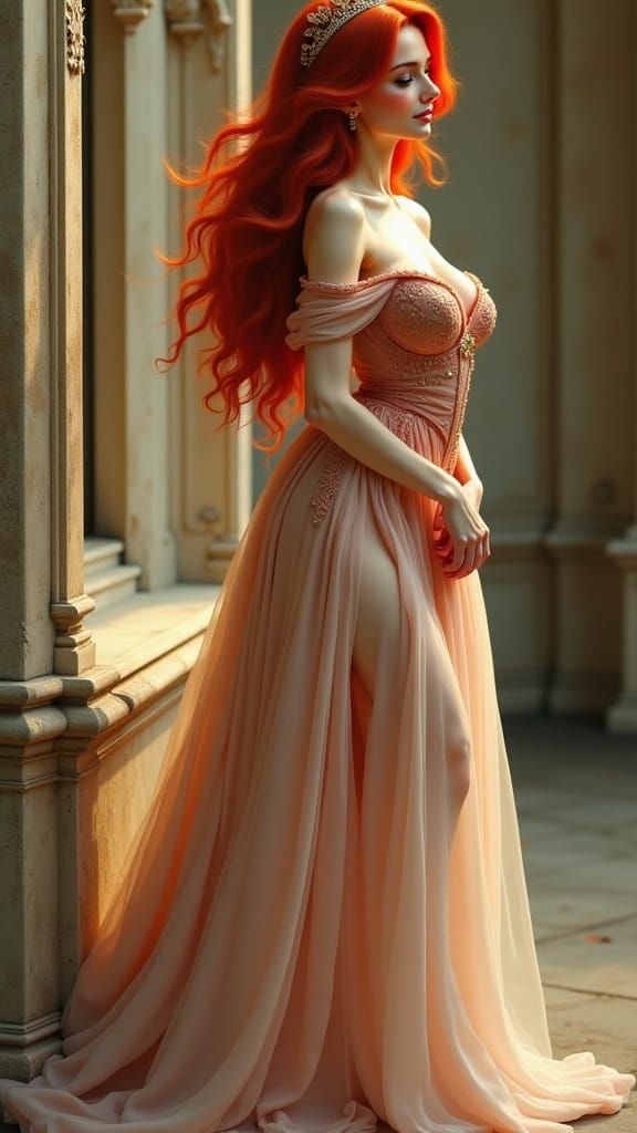 Sensuous Princess in Baroque Dress by Arched Windows