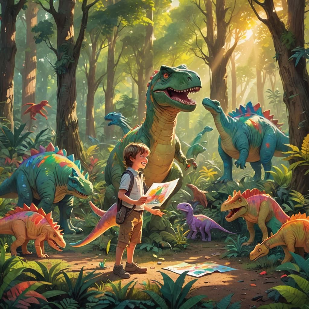 Child's Drawing of Dinosaurs in Naive Art Style